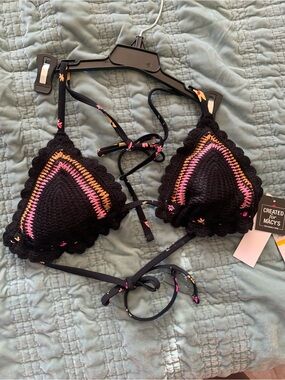 Macy's Black Crochet Triangle Bikini Top with Pink & Orange Trim